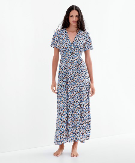 Oysho Long Floral Ruha Kék | BZGLJA-249