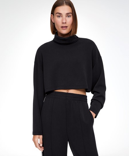 Oysho Modal Roll-neck Crop Sweatshirt Fekete | SFREVC-902