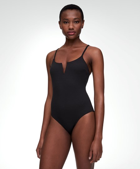 Oysho Piqué V-neck Swimsuit Fekete | LXQZPV-290