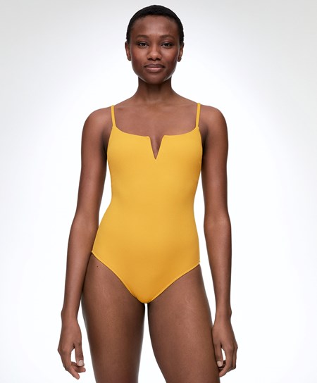 Oysho Piqué V-neck Swimsuit Mid-yellow | DLMBCQ-637