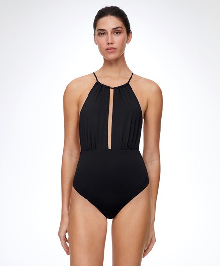 Oysho Ruched Halter Swimsuit Fekete | UTMREG-837