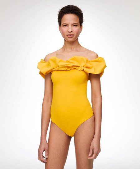 Oysho Ruffle Bandeau Swimsuit Mid-yellow | DRWSIA-379