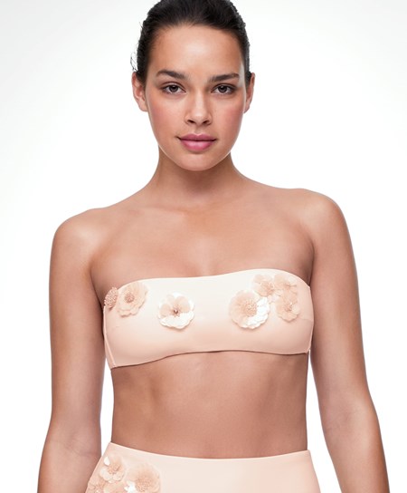 Oysho Sequinned Flowers Bandeau Bikini Top Pink-ecru | STUWZF-395