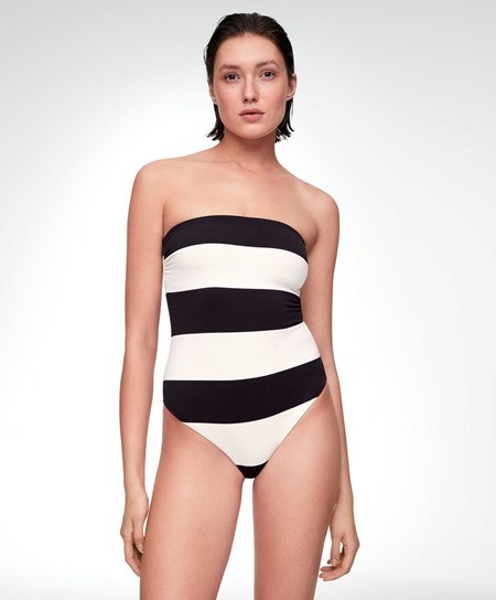 Oysho Stripe Piqué Bandeau Swimsuit Fekete | VLPGXC-807