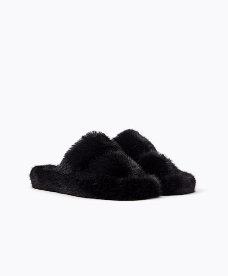 Oysho Szintetikus Fur Double Pántos Sandals Fekete | JDUOBX-158