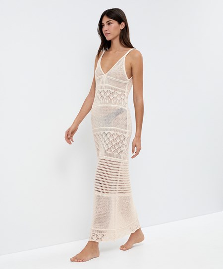 Oysho Textured Crochet Long Ruha Sand | DTSCJL-769