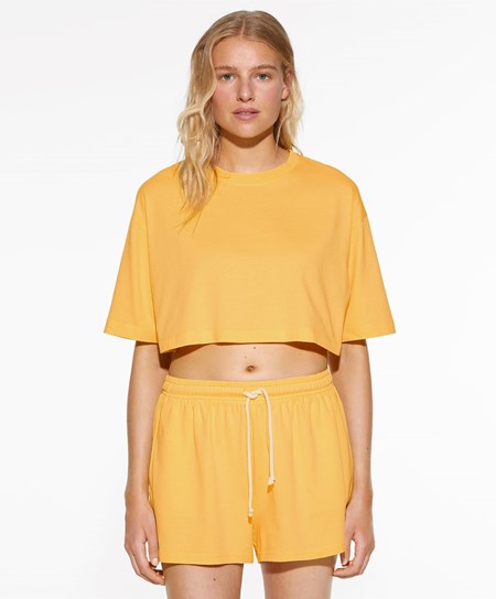 Oysho Washed 100% Pamut Crop T-shirt Mid-yellow | FBSLXG-935